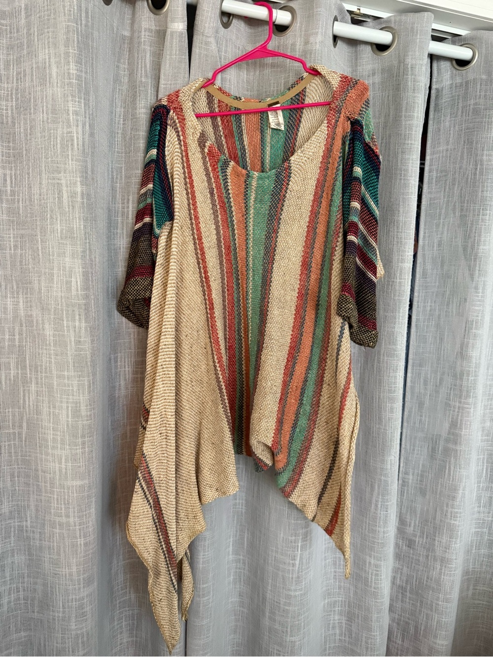 Striped Open-Front Poncho Sweater in Cream with Teal & Rust Accents